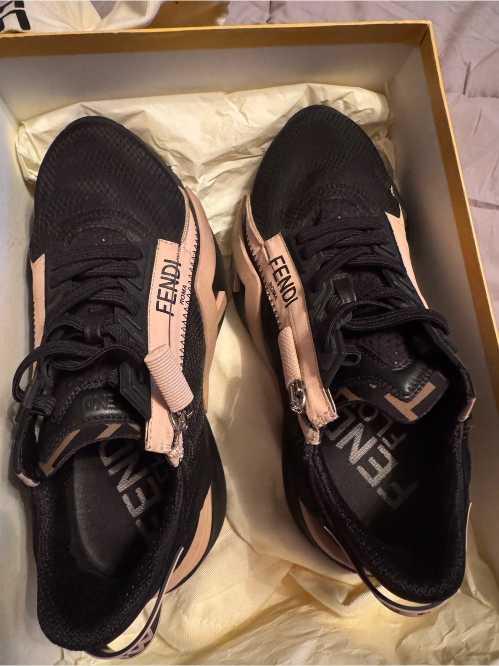 Fendi Black and Blush Pink Zip-Accent Runner Sneakers